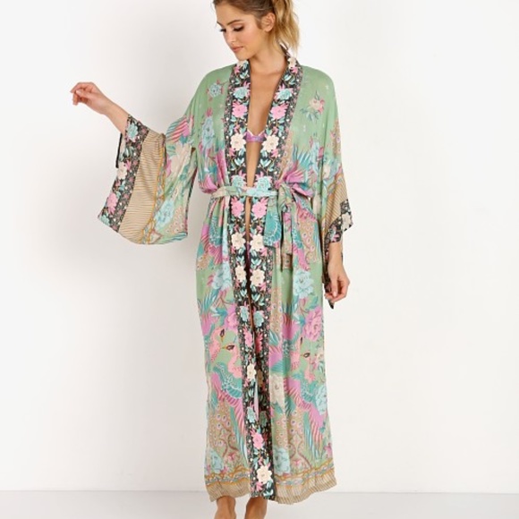 🎀 KIMONO ROBE CARDIGAN DUSTER  BOHO CHIC FLORAL KAFTAN CLOUD PASTEL FLOWER BELT - Picture 6 of 15